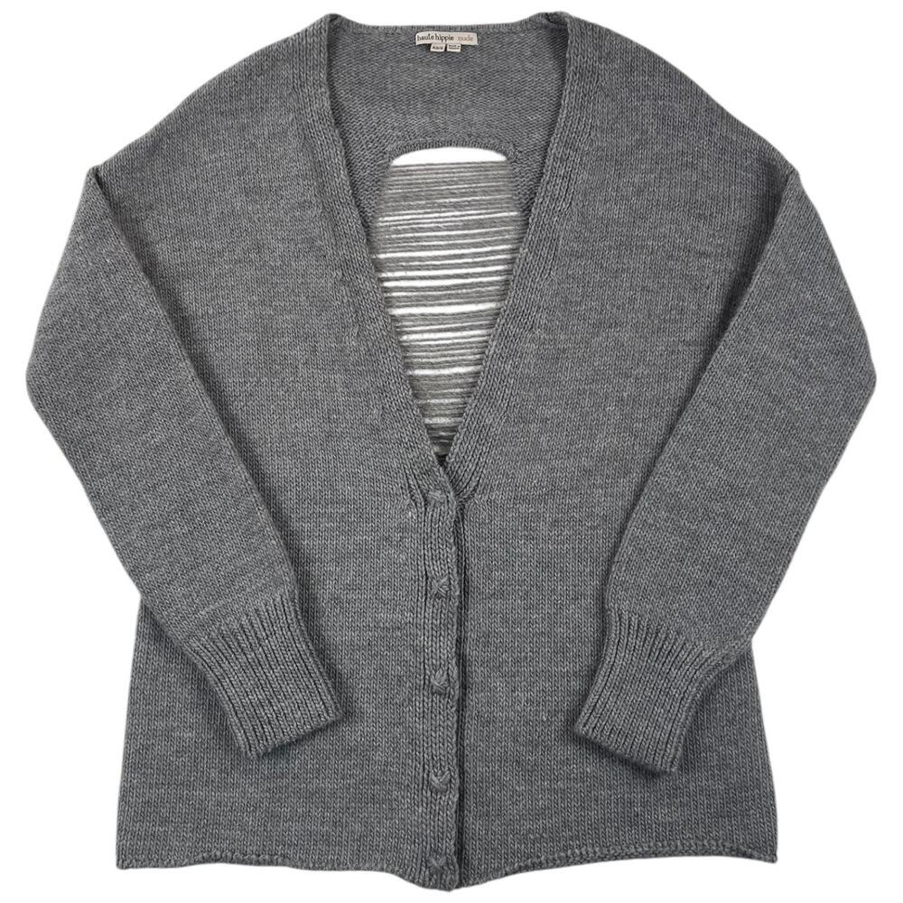 Haute Hippie Nude Merino Wool Distressed Back Cardigan Gray Boho Luxury - XS/S - Picture 2 of 9